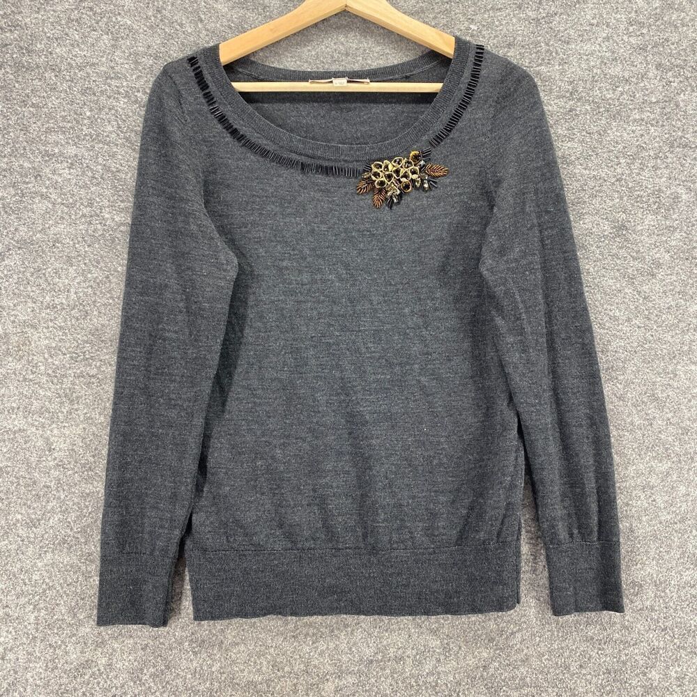 Loft Sweater Pullover Women M Medium Gray Knit Wool Long Sleeve Round Neck